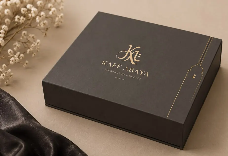 Hardbox hitam Kaff Abaya dengan logo foil emas